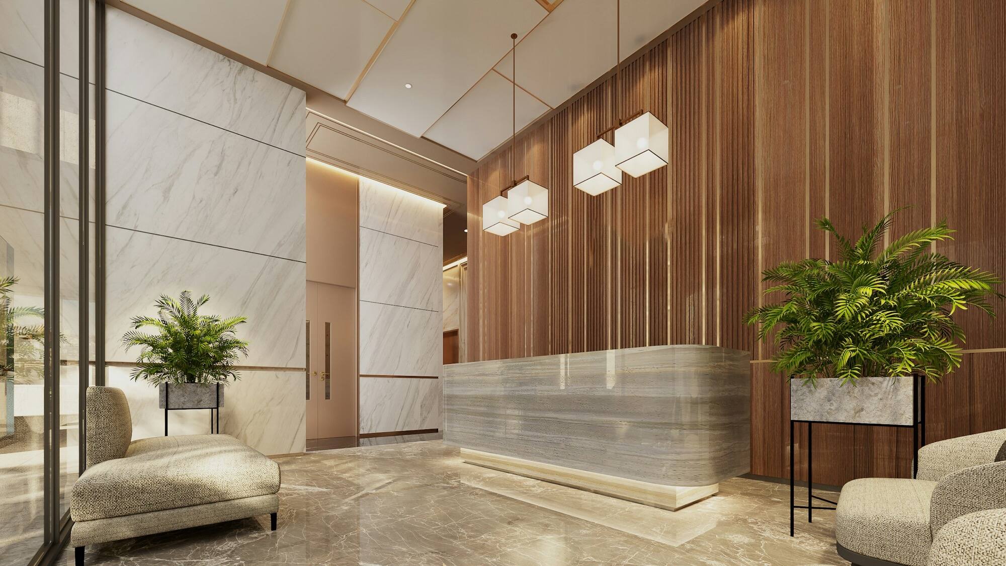 Reception di un edificio moderno con pareti in marmo chiaro, luce naturale e piante
